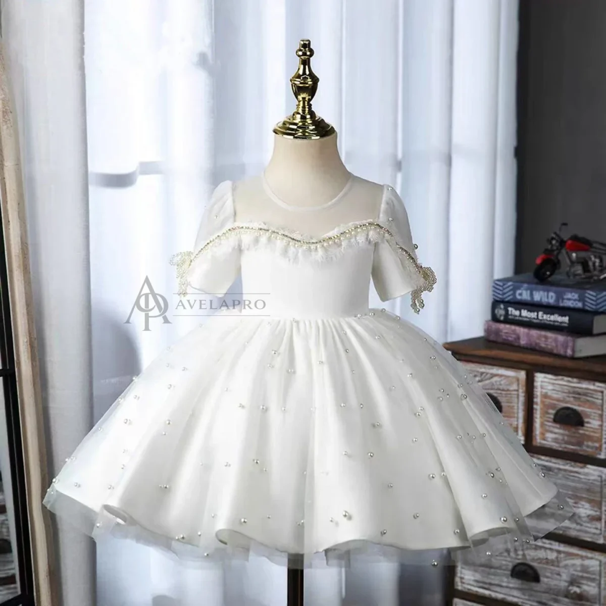Elegant White Beaded Birthday Girl Dress with Pearls