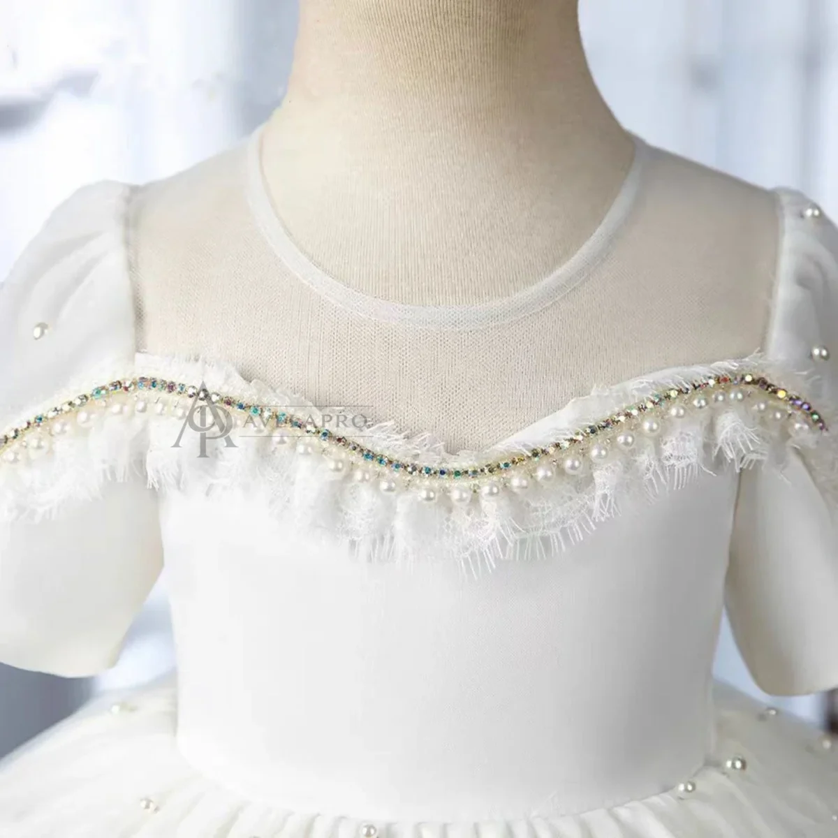 Elegant White Beaded Birthday Girl Dress with Pearls