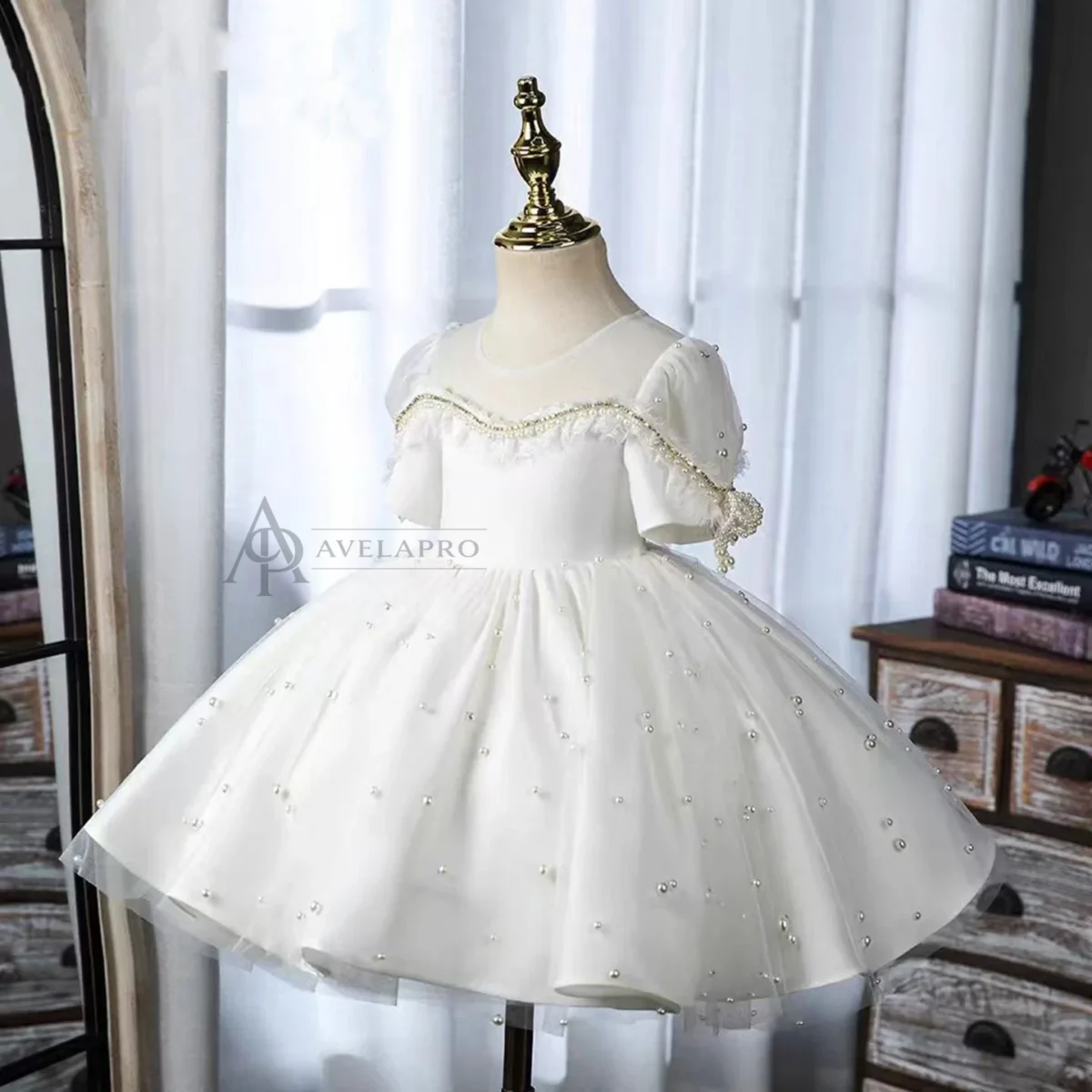 Elegant White Beaded Birthday Girl Dress with Pearls