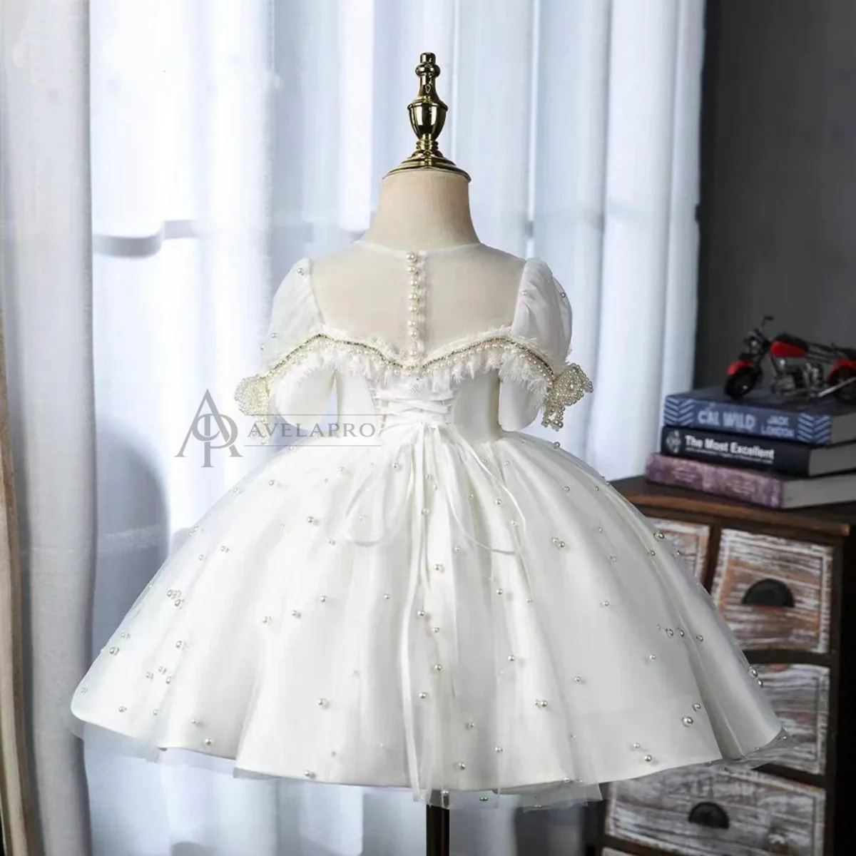 Elegant White Beaded Birthday Girl Dress with Pearls