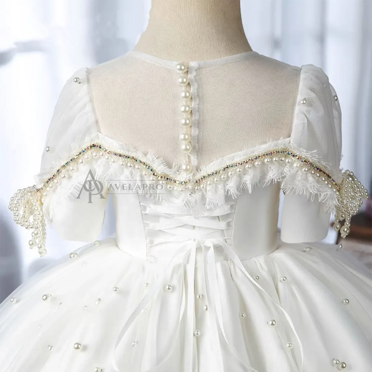Elegant White Beaded Birthday Girl Dress with Pearls